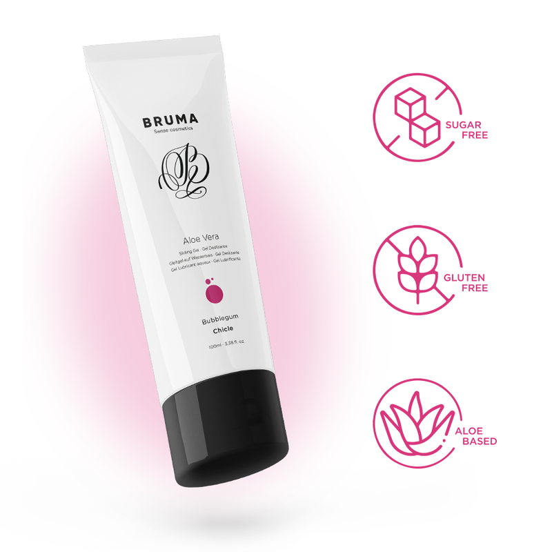 Detalhe do BRUMA Gel Deslizante Aloe Vera Sabor Bubblegum 100 ML, mostrando a embalagem e a textura do gel.