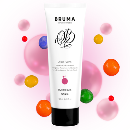 Detalhe do BRUMA Gel Deslizante Aloe Vera Sabor Bubblegum 100 ML, mostrando a embalagem e a textura do gel.