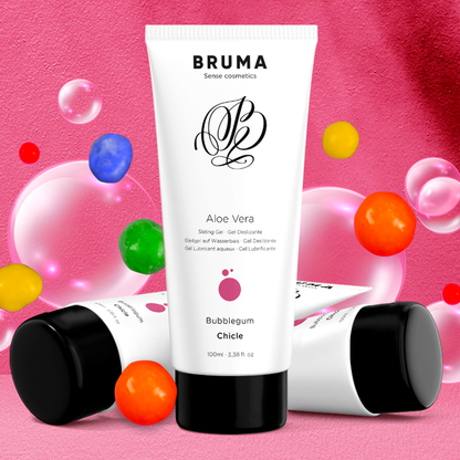 Detalhe do BRUMA Gel Deslizante Aloe Vera Sabor Bubblegum 100 ML, mostrando a embalagem e a textura do gel.