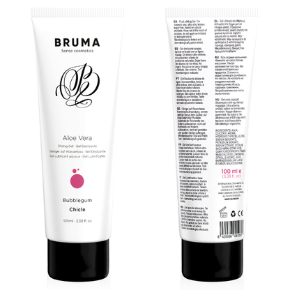 Detalhe do BRUMA Gel Deslizante Aloe Vera Sabor Bubblegum 100 ML, mostrando a embalagem e a textura do gel.