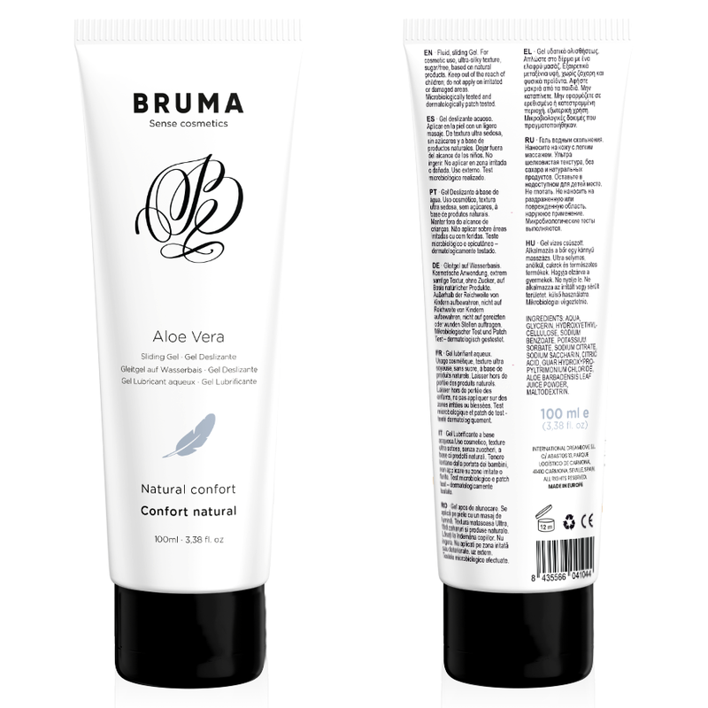 Imagem do BRUMA Gel Deslizante Aloe Vera Natural Confort 100 ML, embalagem e textura do gel.
