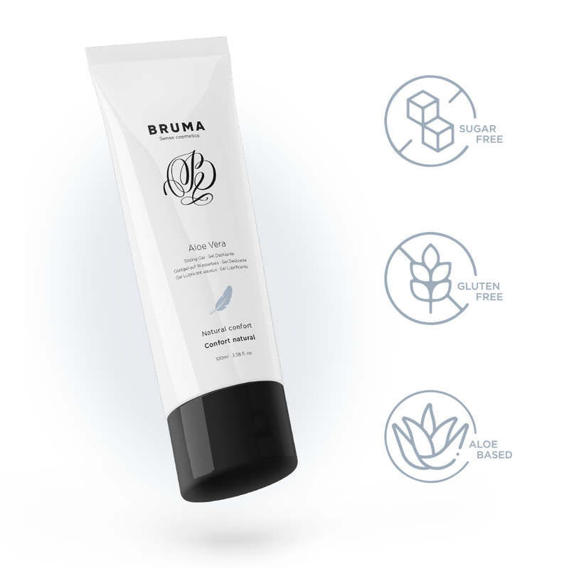Imagem do BRUMA Gel Deslizante Aloe Vera Natural Confort 100 ML, embalagem e textura do gel.