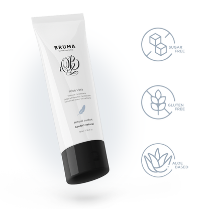 Imagem do BRUMA Gel Deslizante Aloe Vera Natural Confort 100 ML, embalagem e textura do gel.