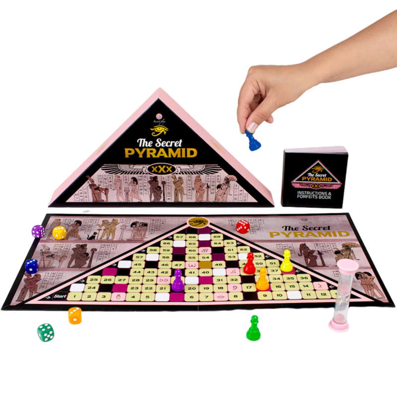 Jogo de tabuleiro erótico SECRETPLAY A Pirâmide Secreta com tabuleiro, peões, dados e ampulheta para diversão adulta.