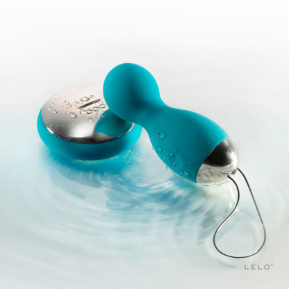 LELO Bolas de Prazer HULA Beads azuis com controlo remoto, detalhe do design e da embalagem.