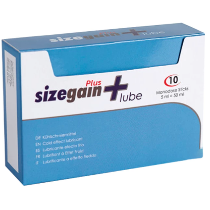 Imagem do lubrificante 500 COSMETICS Sizegain Plus Lube com efeito frio, mostrando as 10 saquetas.
