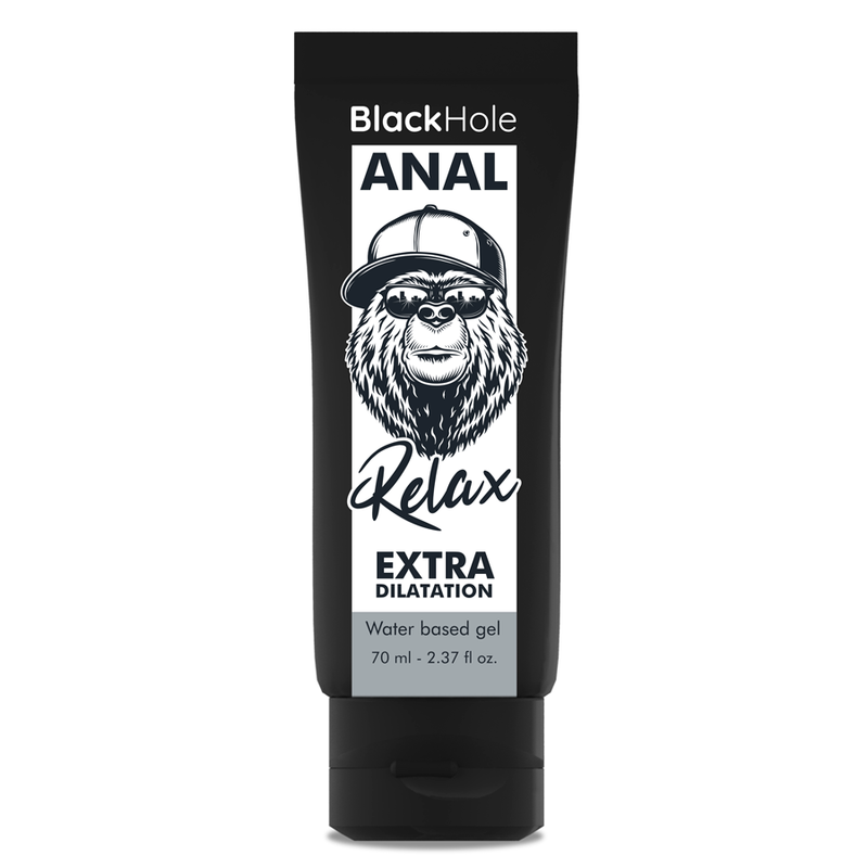 Close-up do BLACK HOLE Gel Dilatador Anal à Base de Água 70ml, mostrando a embalagem e detalhes.