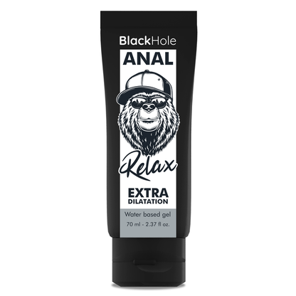 Close-up do BLACK HOLE Gel Dilatador Anal à Base de Água 70ml, mostrando a embalagem e detalhes.