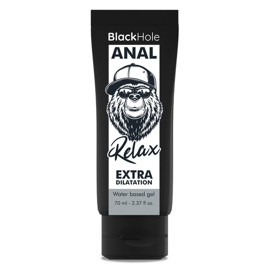 Close-up do BLACK HOLE Gel Dilatador Anal à Base de Água 70ml, mostrando a embalagem e detalhes.