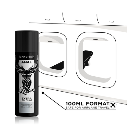 Embalagem do BLACK HOLE Gel Silicone Dilatação Anal 100ml, destacando a marca e a função do produto.