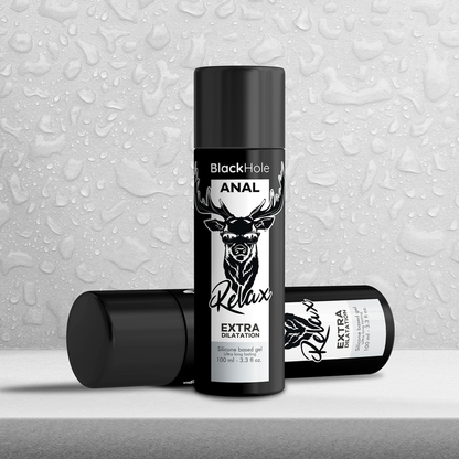 Embalagem do BLACK HOLE Gel Silicone Dilatação Anal 100ml, destacando a marca e a função do produto.