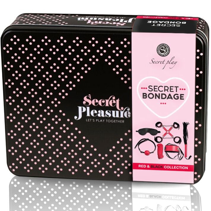 Imagem do SECRETPLAY BDSM Set 6 Peças Coleção Vermelha, mostrando todos os acessórios como chicote, algemas, mordaça, corda, máscara e coleira.