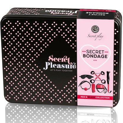 Imagem do SECRETPLAY BDSM Set 6 Peças Coleção Vermelha, mostrando todos os acessórios como chicote, algemas, mordaça, corda, máscara e coleira.