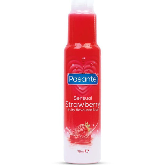 PASANTE Lubrificante Sabor Morango 75 ML, embalagem e textura.