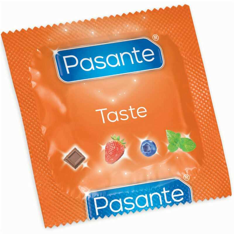 PASANTE Preservativos Sabores Variados ECO PACK 288 Unidades, mostrando embalagem e cores dos sabores.