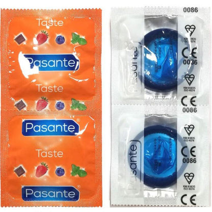 Embalagem de preservativos Pasante Sabor Mirtilo - 144 Unidades, com destaque para a cor azul e o aroma frutado.