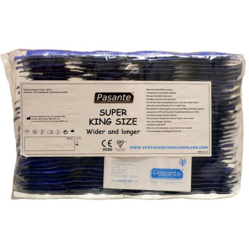 Embalagem de preservativos PASANTE Super King XXL 144 unidades, ideal para tamanhos maiores e segurança.