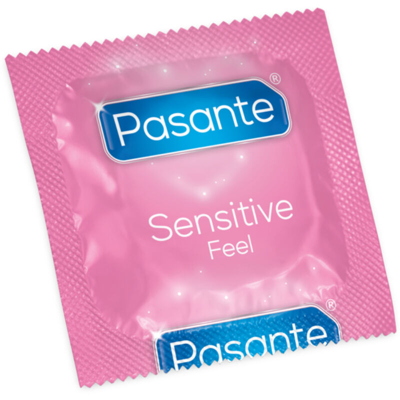 Embalagem dos preservativos PASANTE Sensitive Feel Ultrafinos 144 Unidades, destacando a textura suave e fina.