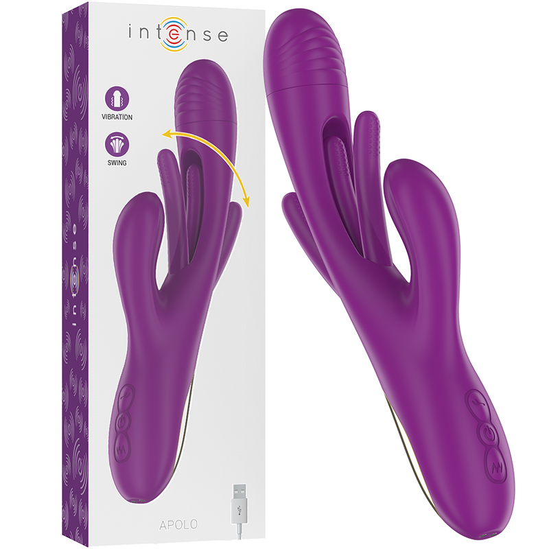 Vibrador feminino INTENSE Apolo roxo com língua oscilante e detalhes dourados.