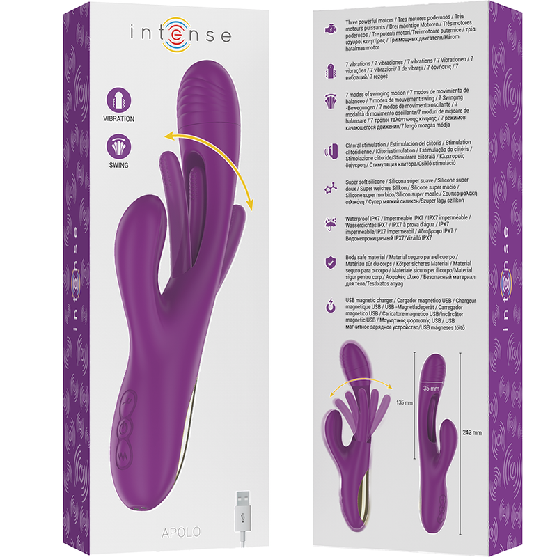 Vibrador feminino INTENSE Apolo roxo com língua oscilante e detalhes dourados.