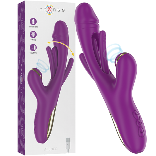 INTENSE Ateneo Vibrador Multifunções Recarregável com sucção e língua oscilante, na cor roxa.
