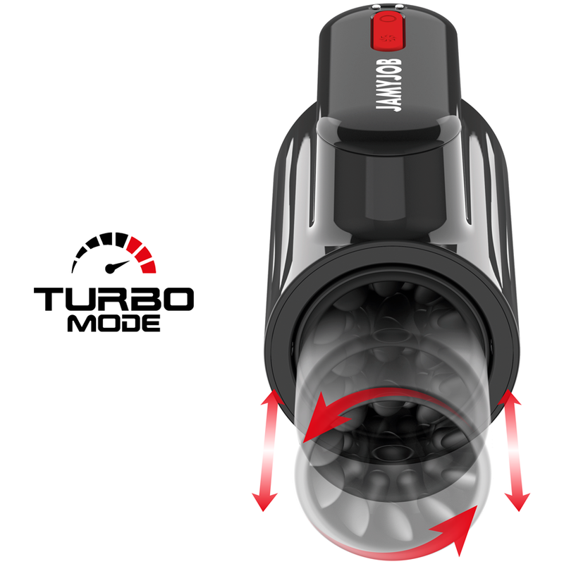 Masturbador Masculino JAMYJOB Vortex com detalhes em preto e vermelho, mostrando sua forma ergonômica e textura de silicone.