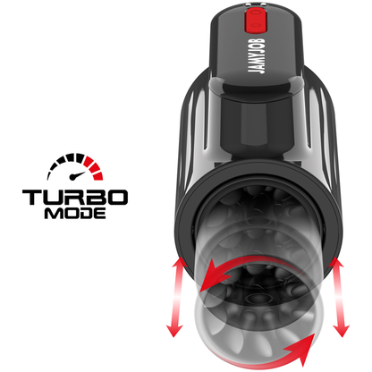 Masturbador Masculino JAMYJOB Vortex com detalhes em preto e vermelho, mostrando sua forma ergonômica e textura de silicone.