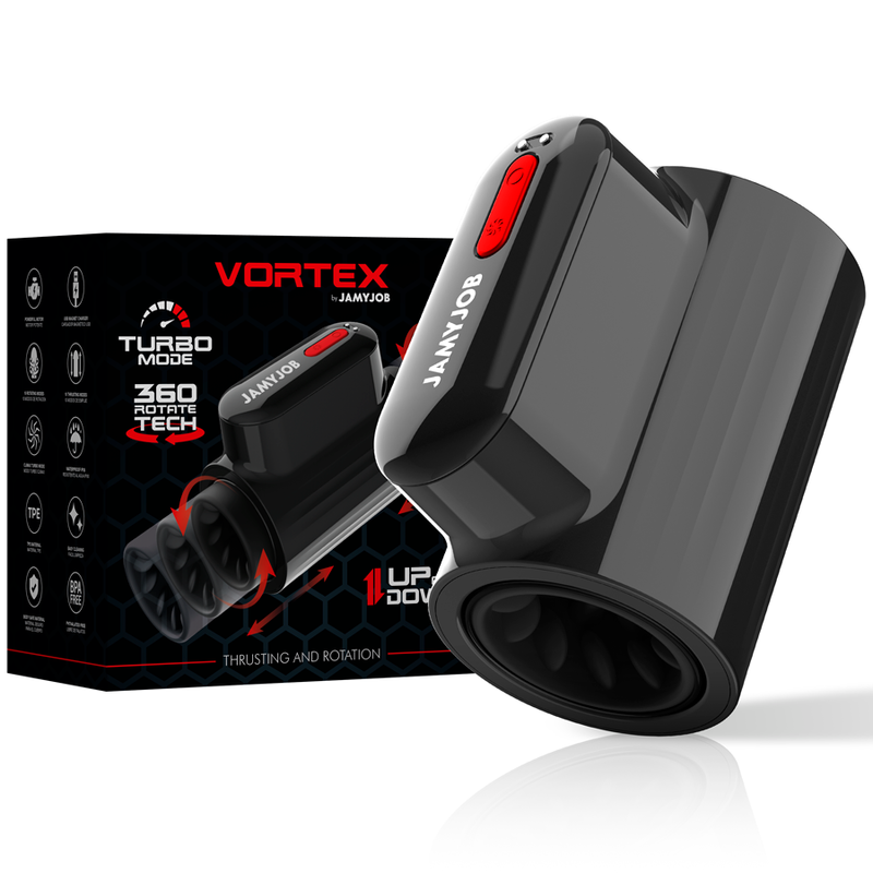 Masturbador Masculino JAMYJOB Vortex com detalhes em preto e vermelho, mostrando sua forma ergonômica e textura de silicone.