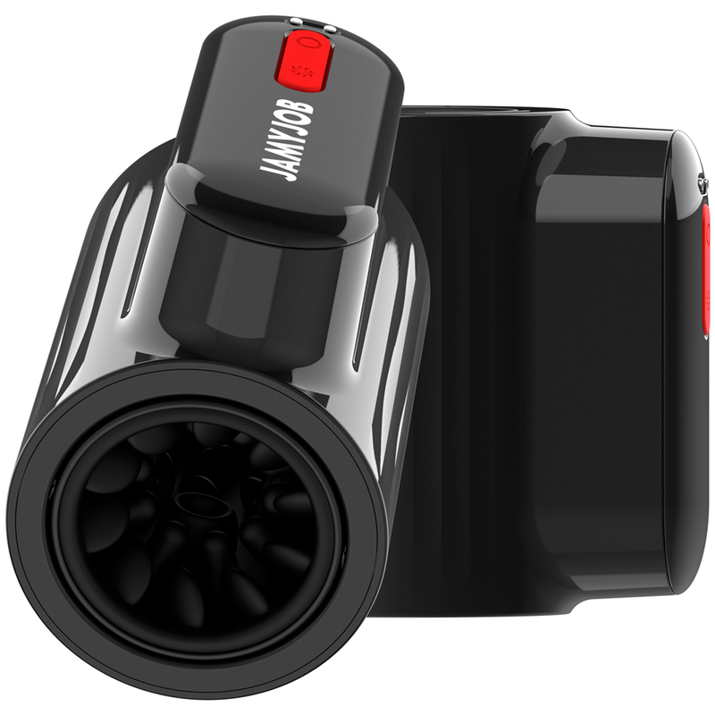 Masturbador Masculino JAMYJOB Vortex com detalhes em preto e vermelho, mostrando sua forma ergonômica e textura de silicone.