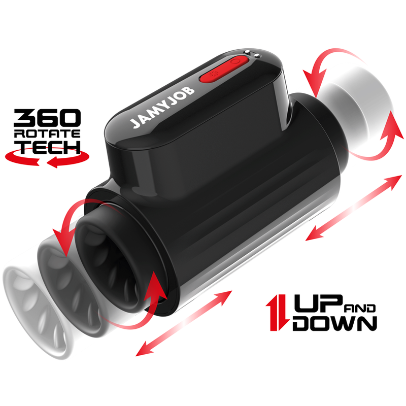 Masturbador Masculino JAMYJOB Vortex com detalhes em preto e vermelho, mostrando sua forma ergonômica e textura de silicone.