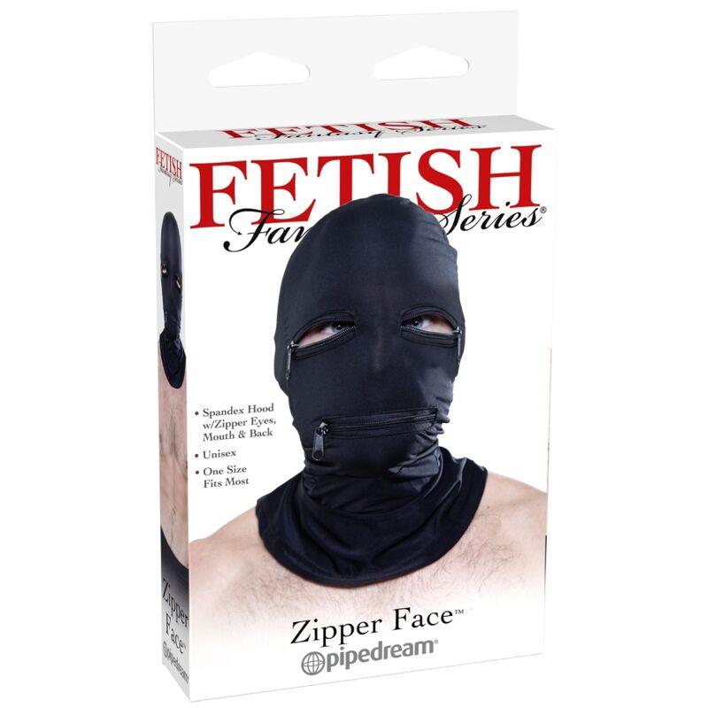 Close-up do Capuz FETISH FANTASY SERIES com Zíperes Preto, mostrando o material e os detalhes dos zíperes na área dos olhos e boca.