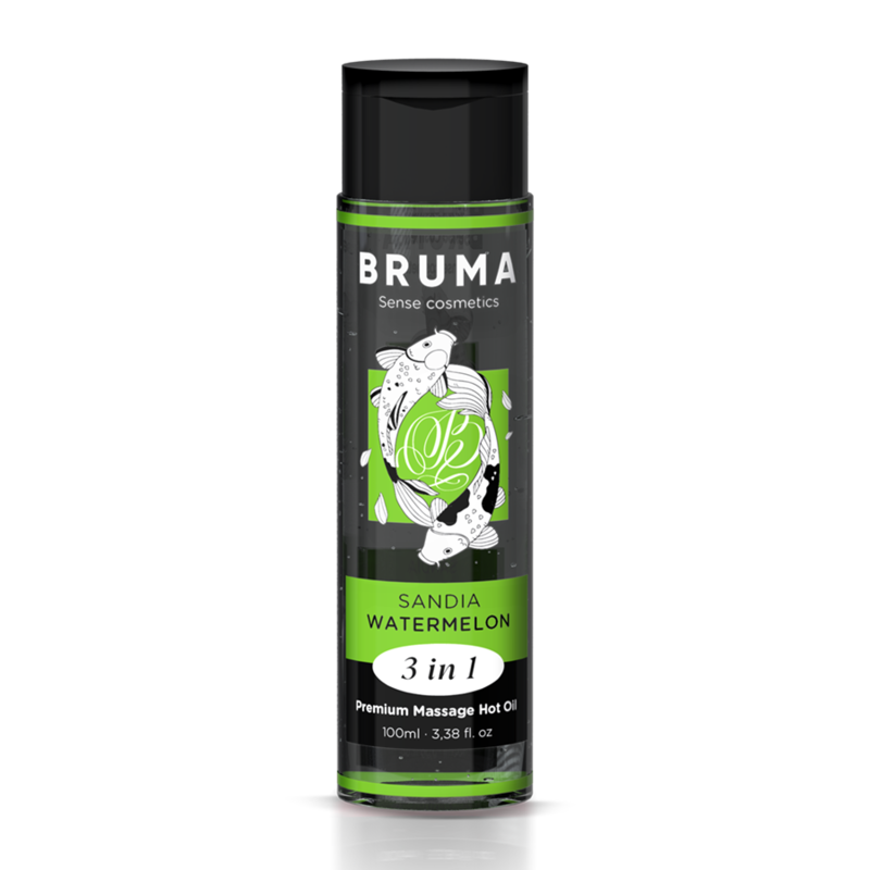 Frasco de Óleo de Massagem BRUMA Premium Efeito Calor Sabor Melancia 3 em 1 - 100 ML, mostrando a embalagem e o líquido.