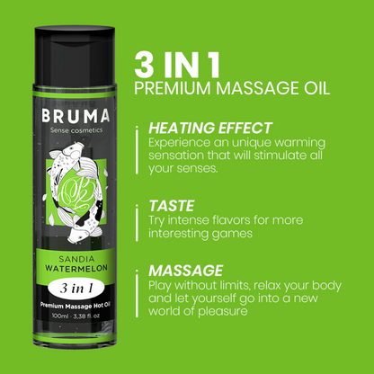 Frasco de Óleo de Massagem BRUMA Premium Efeito Calor Sabor Melancia 3 em 1 - 100 ML, mostrando a embalagem e o líquido.