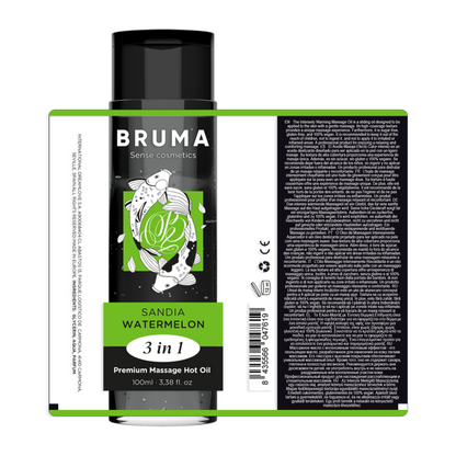 Frasco de Óleo de Massagem BRUMA Premium Efeito Calor Sabor Melancia 3 em 1 - 100 ML, mostrando a embalagem e o líquido.