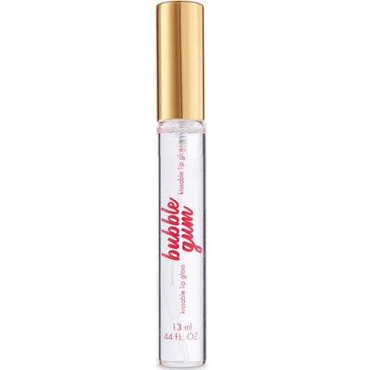 Close-up do Kit Bubblegum Play BIJOUX - INDISCRETS, mostrando o óleo aquecedor, gel de massagem e lip gloss sabor chiclete.
