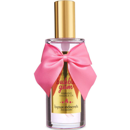 Óleo de massagem comestível BIJOUX - INDISCRETS Light My Fire com efeito calor e sabor a chiclete, em frasco de 100ml.
