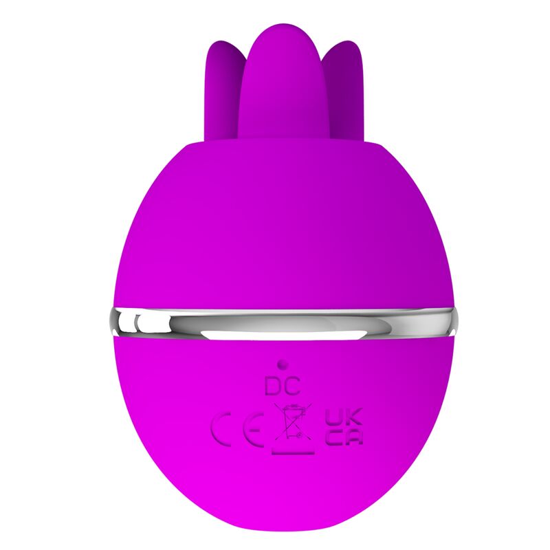 Close-up do PRETTY LOVE Vibrador de Silicone Bola Gemini Roxo, mostrando a sua textura suave e estimuladores de lamber únicos.