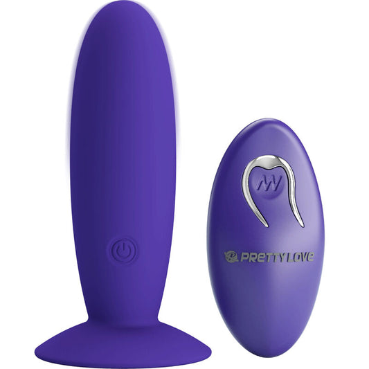 Close-up do Plug Anal Vibratório PRETTY LOVE JUVENTUDE com Controle Remoto Violeta, mostrando seu material de silicone e design ergonómico.
