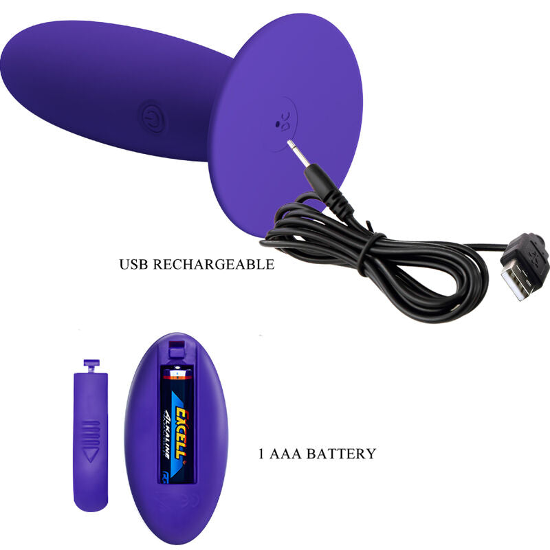 Close-up do Plug Anal Vibratório PRETTY LOVE JUVENTUDE com Controle Remoto Violeta, mostrando seu material de silicone e design ergonómico.