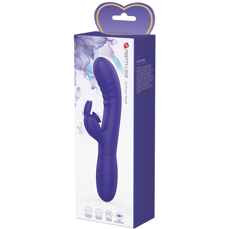Close-up do Vibrador de Coelho PRETTY LOVE Cerberus Youth Violeta, mostrando seu design ergonómico e estimulador clitoriano.