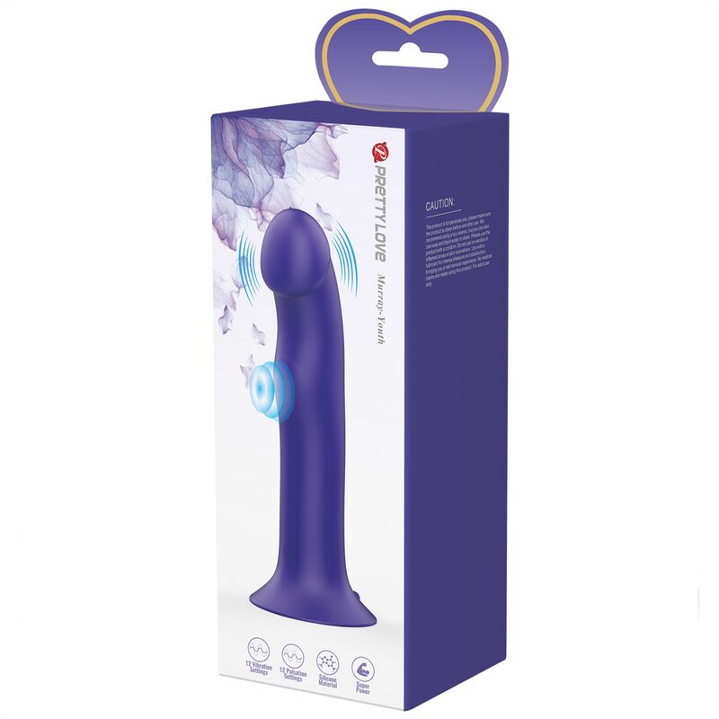 Close-up do Dildo Vibratório Pretty Love Murray Youth em silicone violeta, com base de ventosa e detalhes das 12 funções.