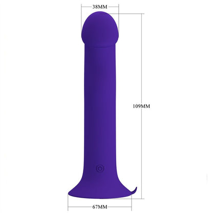 Close-up do Dildo Vibratório Pretty Love Murray Youth em silicone violeta, com base de ventosa e detalhes das 12 funções.