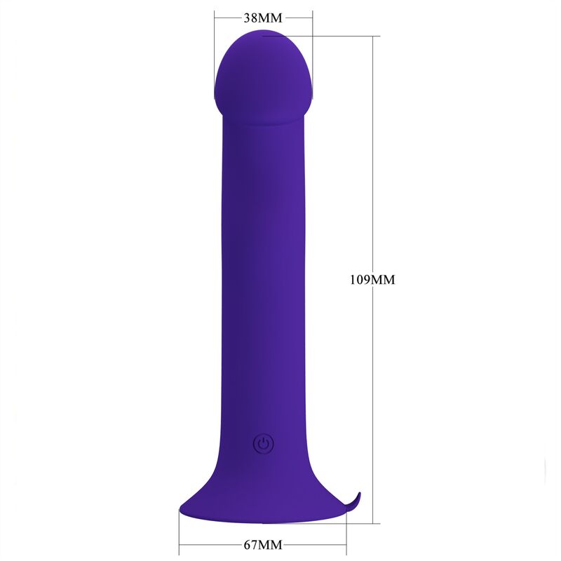 Close-up do Dildo Vibratório Pretty Love Murray Youth em silicone violeta, com base de ventosa e detalhes das 12 funções.