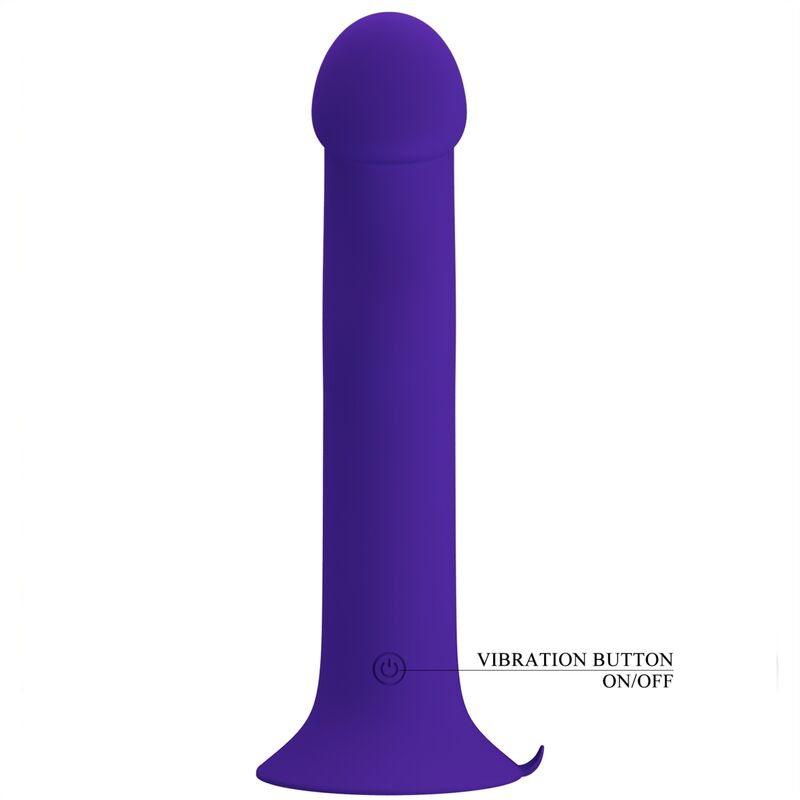 Close-up do Dildo Vibratório Pretty Love Murray Youth em silicone violeta, com base de ventosa e detalhes das 12 funções.