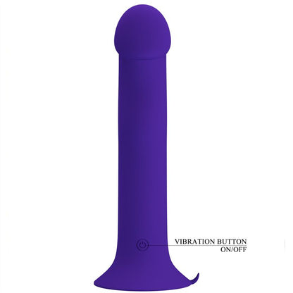 Close-up do Dildo Vibratório Pretty Love Murray Youth em silicone violeta, com base de ventosa e detalhes das 12 funções.