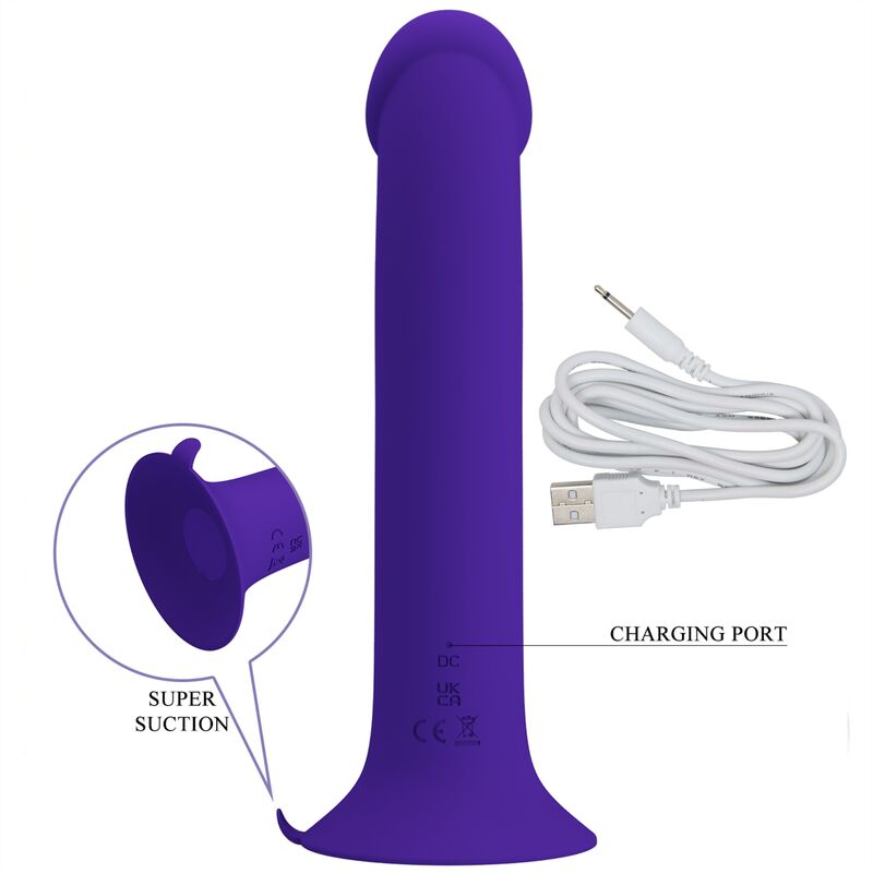 Close-up do Dildo Vibratório Pretty Love Murray Youth em silicone violeta, com base de ventosa e detalhes das 12 funções.