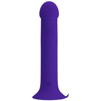 Close-up do Dildo Vibratório Pretty Love Murray Youth em silicone violeta, com base de ventosa e detalhes das 12 funções.