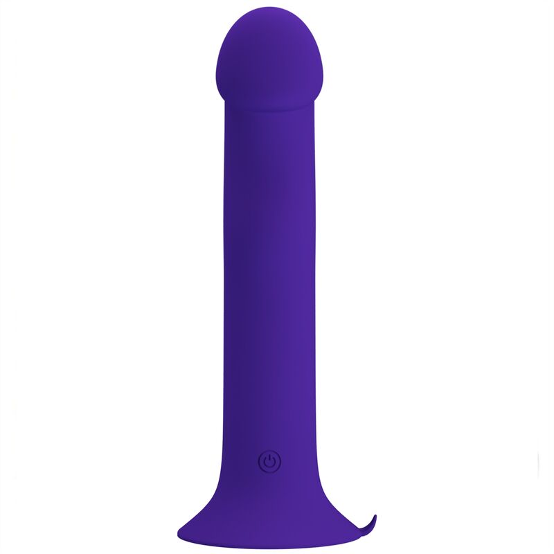 Close-up do Dildo Vibratório Pretty Love Murray Youth em silicone violeta, com base de ventosa e detalhes das 12 funções.