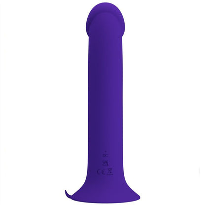 Close-up do Dildo Vibratório Pretty Love Murray Youth em silicone violeta, com base de ventosa e detalhes das 12 funções.