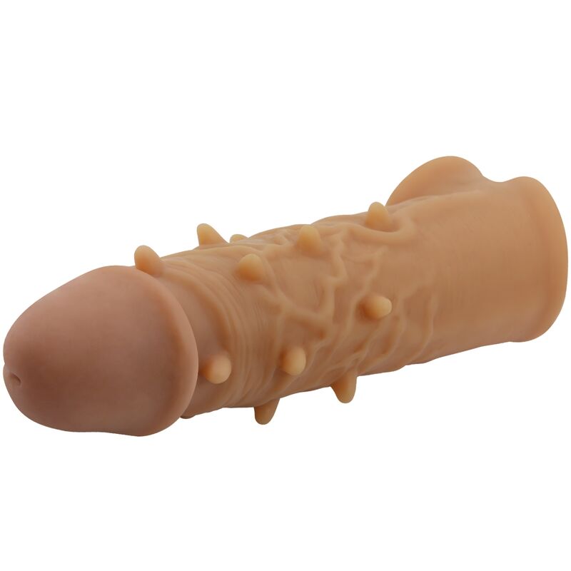 Close-up da capa de pénis PRETTY LOVE Extensioning Osborn, mostrando a textura de silicone realista e nós estimulantes.